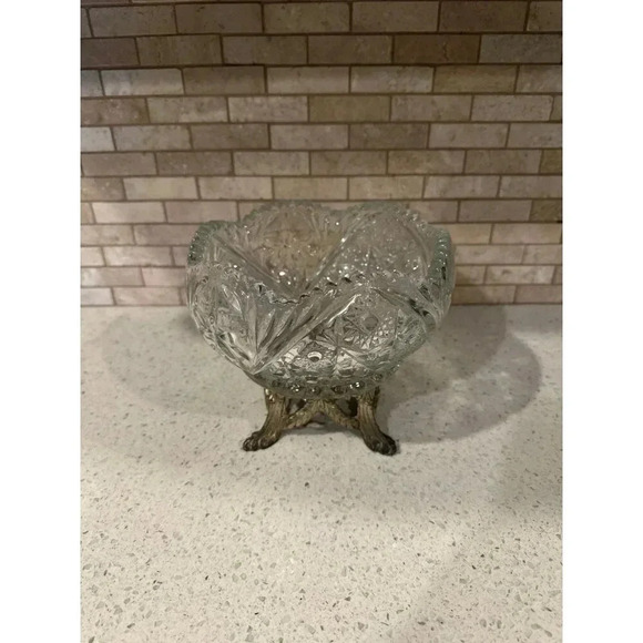 Hollywood Regency Pressed Glass Trinket Bowl Dish Brass Legs - Picture 1 of 5